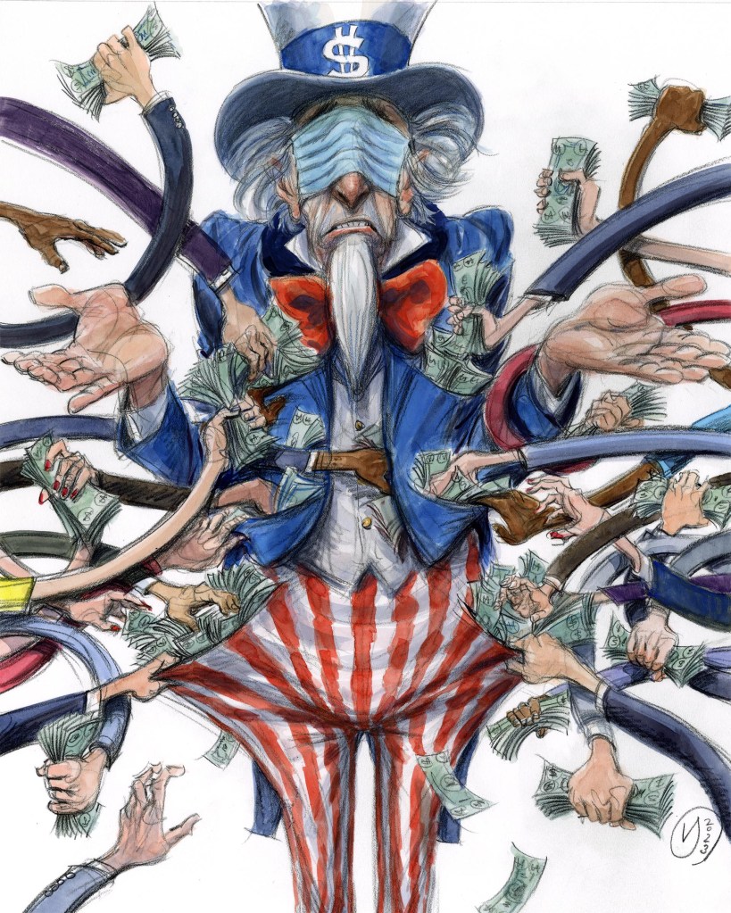 Illustration of Uncle Sam having his pockets picked